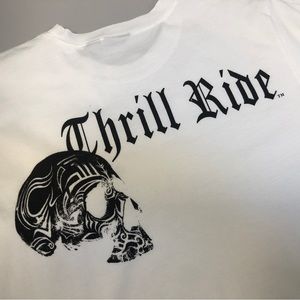 NWOT, White with Black Graphics, “Thrill Ride” T Shirt, Med, fits more l…